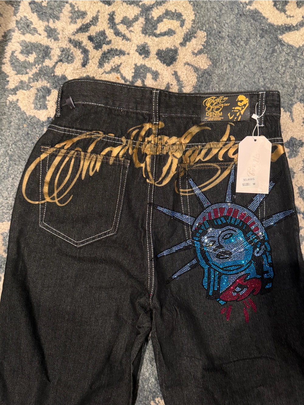 NEW Black Denim Jeans with Colorful Embroidered Graphic